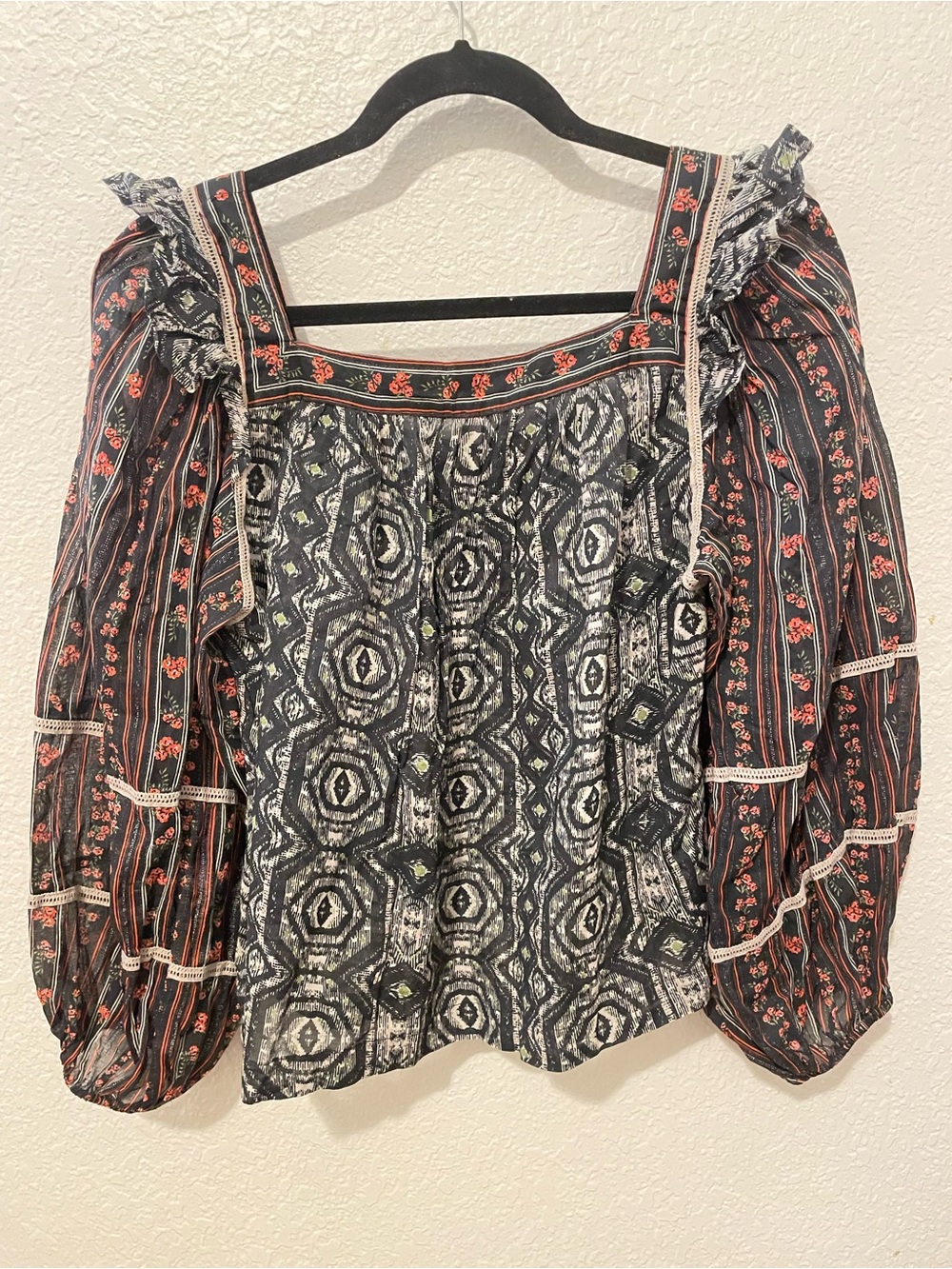 Free People Black Floral & Geometric Square-Neck Blouse - Picture 3 of 5
